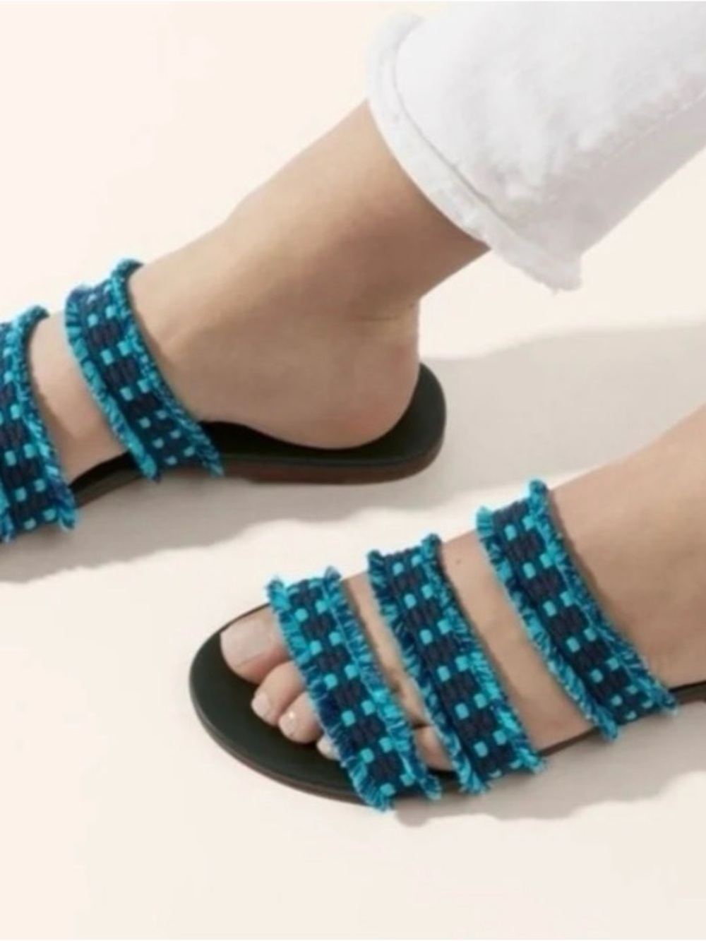 Rothy's Navy and Turquoise Woven Strappy Slide Sandals